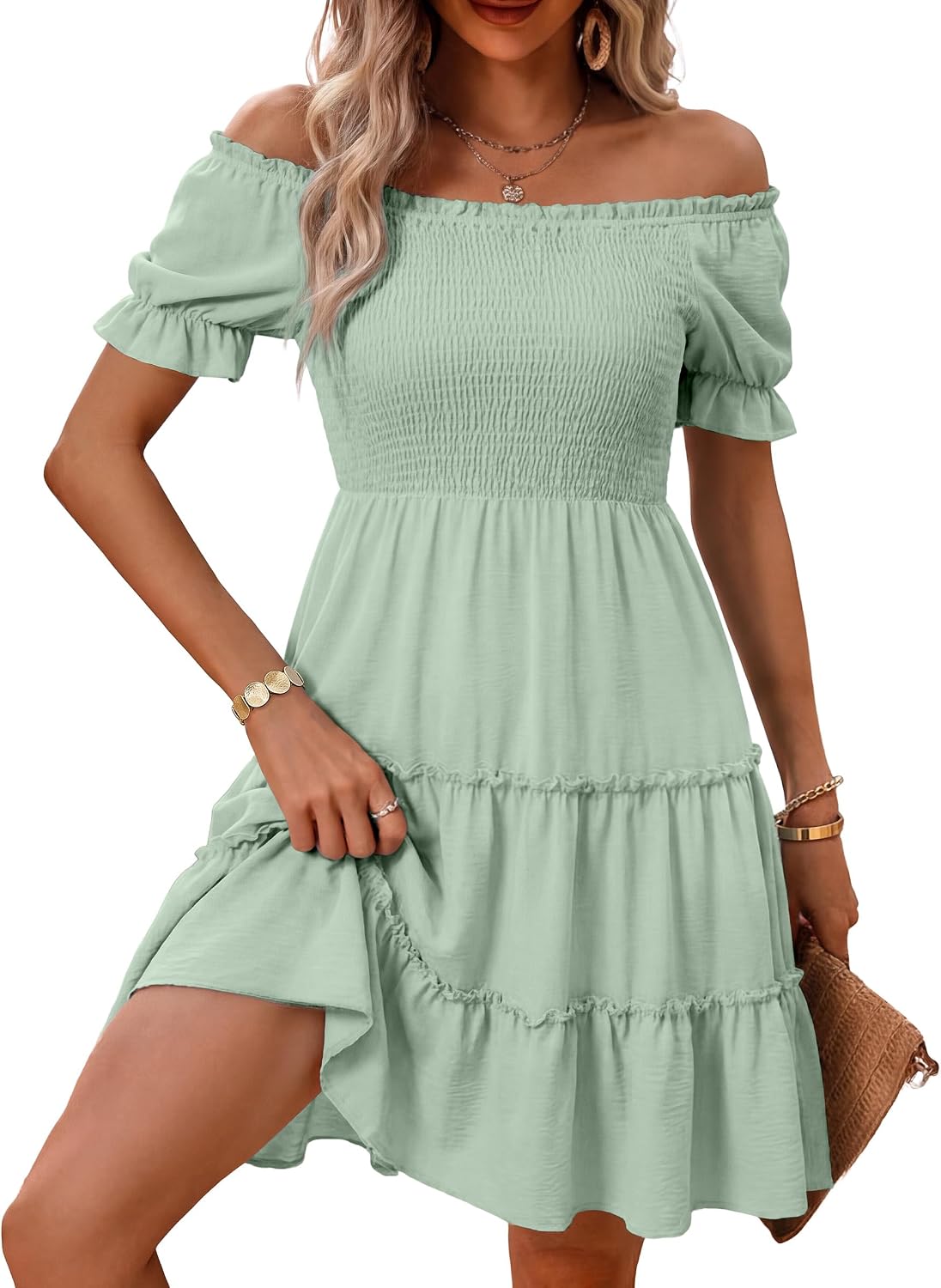 AUMORA Women's Summer Off Shoulder Dress Flowy Short Mini Dress | Square Neck Puff Sleeve A-Line Dress,Bohemian Beach Vacation Casual Dresses,Graduation Wedding Guest Sundresses