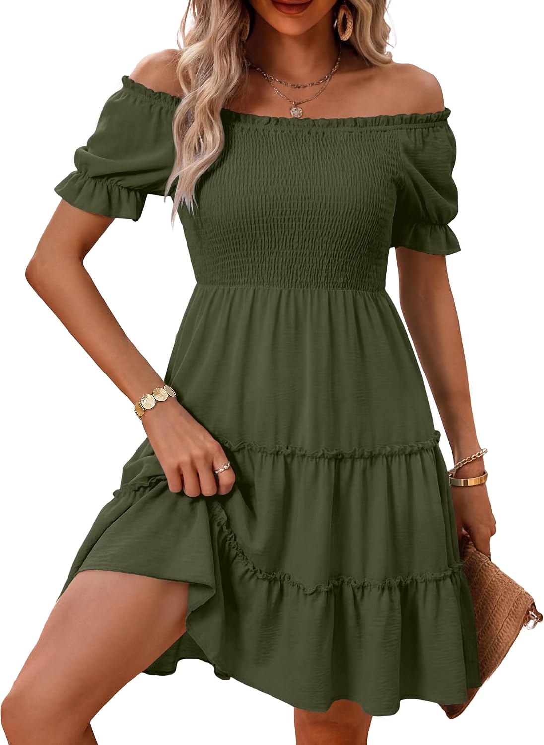 AUMORA Women's Summer Off Shoulder Dress Flowy Short Mini Dress | Square Neck Puff Sleeve A-Line Dress,Bohemian Beach Vacation Casual Dresses,Graduation Wedding Guest Sundresses