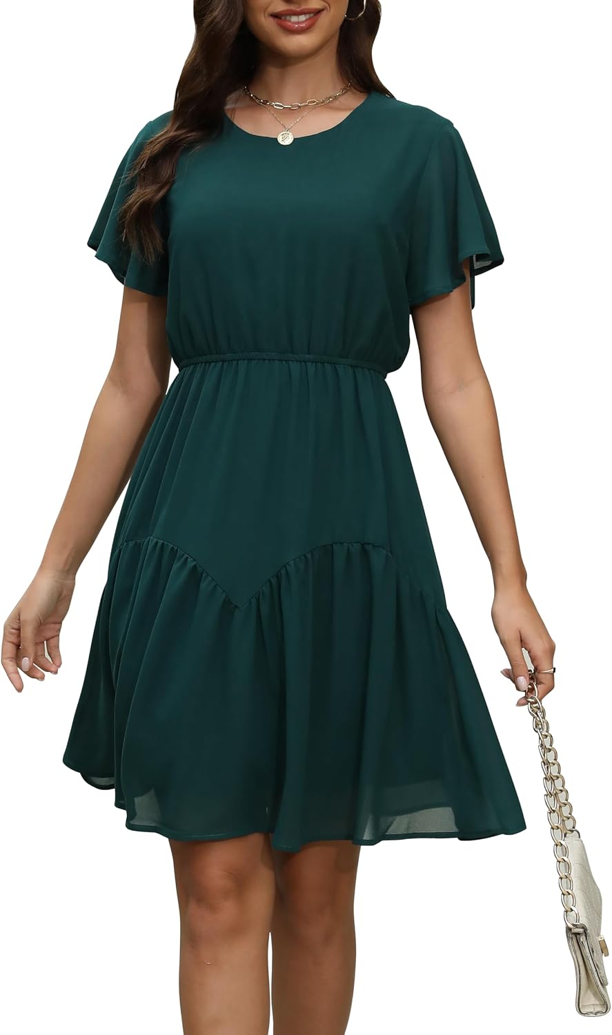 Manydress Women's Chiffon Floral Summer Dress Knee Length | Lightweight Lined Chiffon with Elastic Smocked Waist for Daily Wear Vacations Office and Weddings Knee length