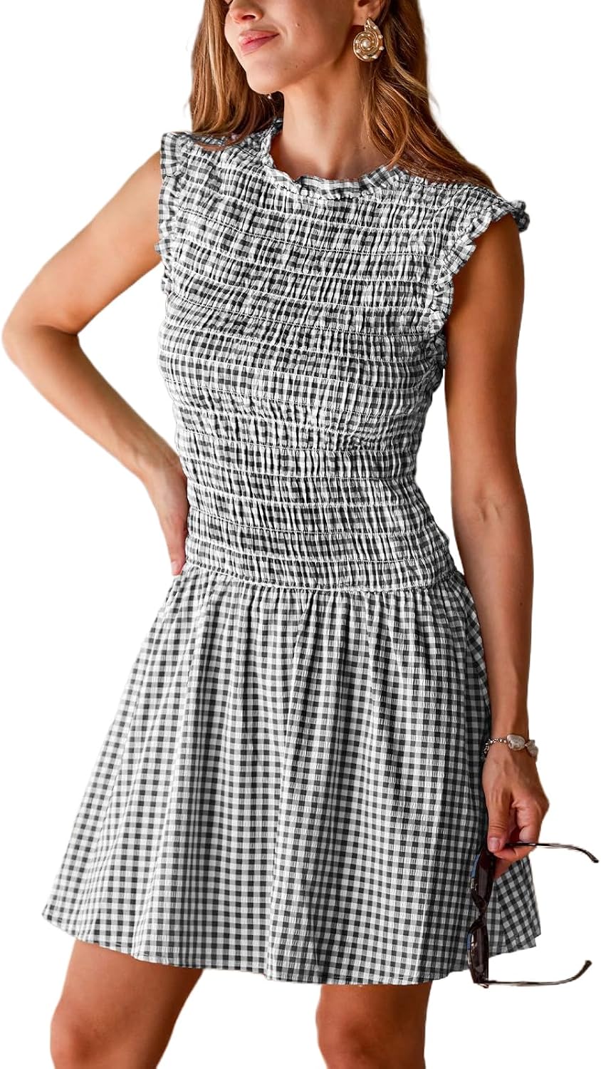 CUPSHE Women's Gingham Mock Neck Fully Smocked Ruffle Trim Mini Dress | Sleeveless, Boho Plaid, Keyhole Back, Flowy A Line Short Sundress, for Summer Casual Daily Wear, Weekend, Picnic, School