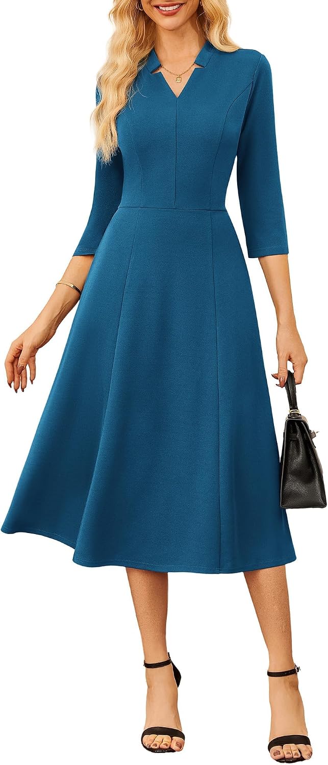 GRACE KARIN Women 3\/4 Sleeve Work Church Dress with Pocket | 2026 V Neck,Fit and Flare,A Line Midi Elegant Outfits for Office\/Funeral\/Business\/Cocktail\/Professional\/Spring\/Summer\/Fall