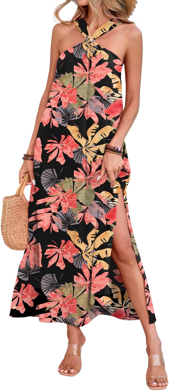 MIRALUNA Womens Summer Sleeveless Halter Long Dress Casual Strappy Vacation Beach Loose Flowy Side Slit Maxi Dresses