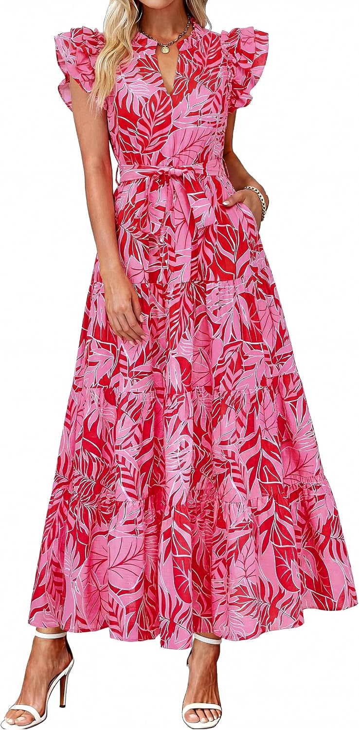 dowerme Women Summer Casual Ruffle Cap Sleeve Floral Belted Boho Maxi Dress | Fall Fashion A-line Flowy Tiered Long Dresses 2026,Cute V Neck Tie Waist Sundress with Pockets,Spring Beach Vacation Clothes