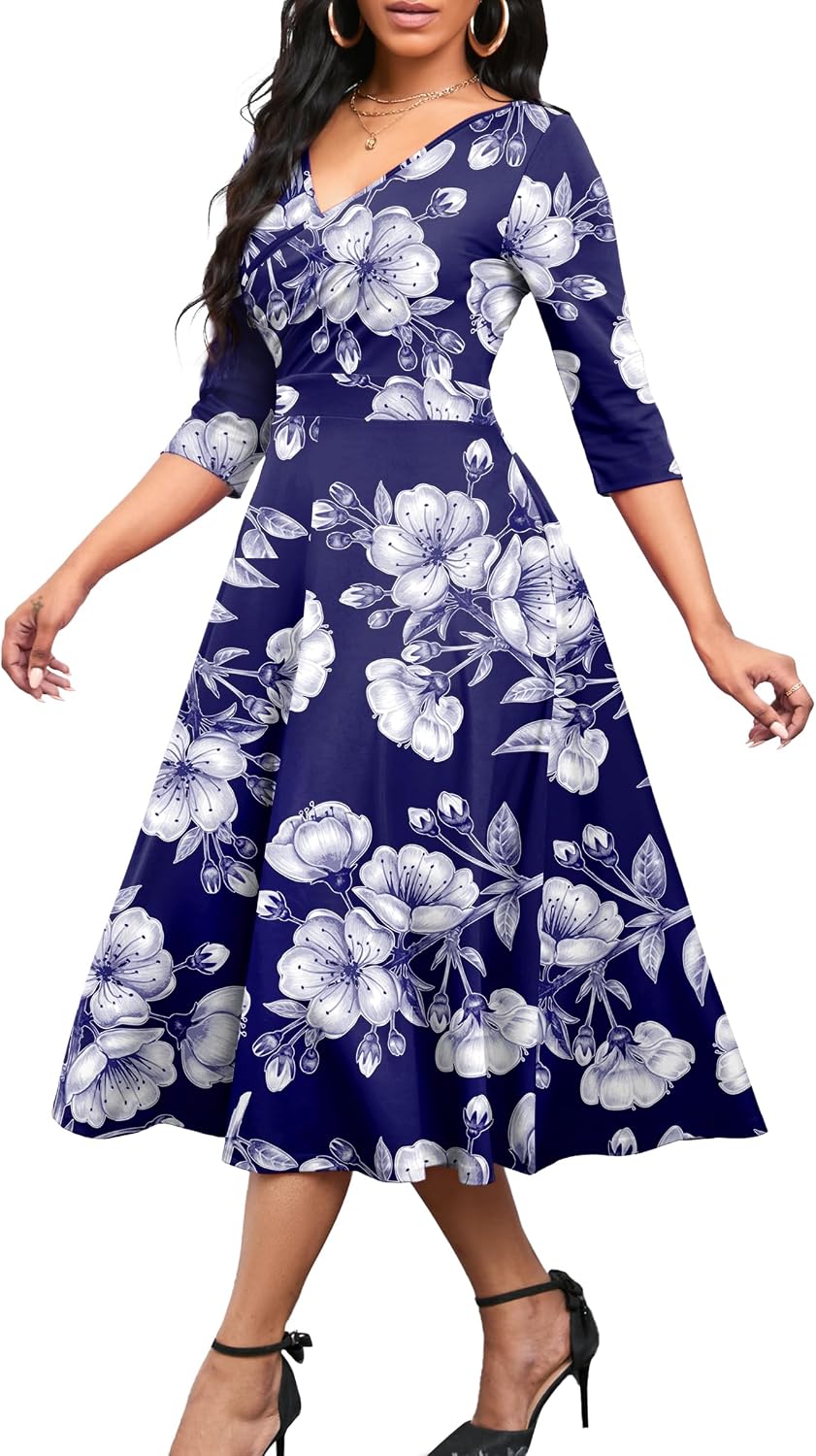 Nmoder Womens Midi Dress 3\/4 Sleeve V Neck Cocktail Dress with Pockets | Empire waist fit and flare wedding guest tea party church dress\/ a line semi formal elegant wrap dress for business work