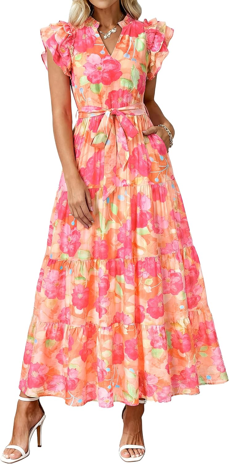 dowerme Women Summer Casual Ruffle Cap Sleeve Floral Belted Boho Maxi Dress | Fall Fashion A-line Flowy Tiered Long Dresses 2026,Cute V Neck Tie Waist Sundress with Pockets,Spring Beach Vacation Clothes