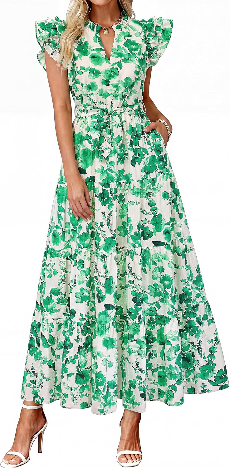 dowerme Women Summer Casual Ruffle Cap Sleeve Floral Belted Boho Maxi Dress | Fall Fashion A-line Flowy Tiered Long Dresses 2026,Cute V Neck Tie Waist Sundress with Pockets,Spring Beach Vacation Clothes