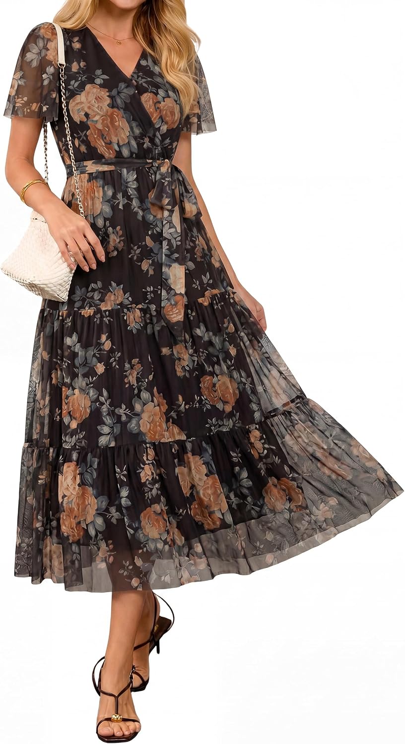 BerryGo Womens Summer Floral Maxi Dress Wedding Guest Casual Flowy Short Sleeve V Neck Boho Cocktail Dresses 2026