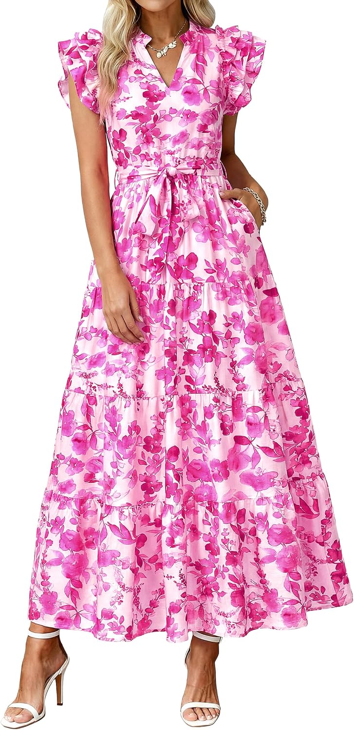 dowerme Women Summer Casual Ruffle Cap Sleeve Floral Belted Boho Maxi Dress | Fall Fashion A-line Flowy Tiered Long Dresses 2026,Cute V Neck Tie Waist Sundress with Pockets,Spring Beach Vacation Clothes
