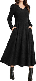 ANRABESS Womens Long Sleeve V Neck A Line Fall Midi Dress | Ribbed Knit Empire Waist, with Pockets, Casual Swing Flowy Winter Dresses,Soft Stretchy, Office Work,Date Night Everyday Wear