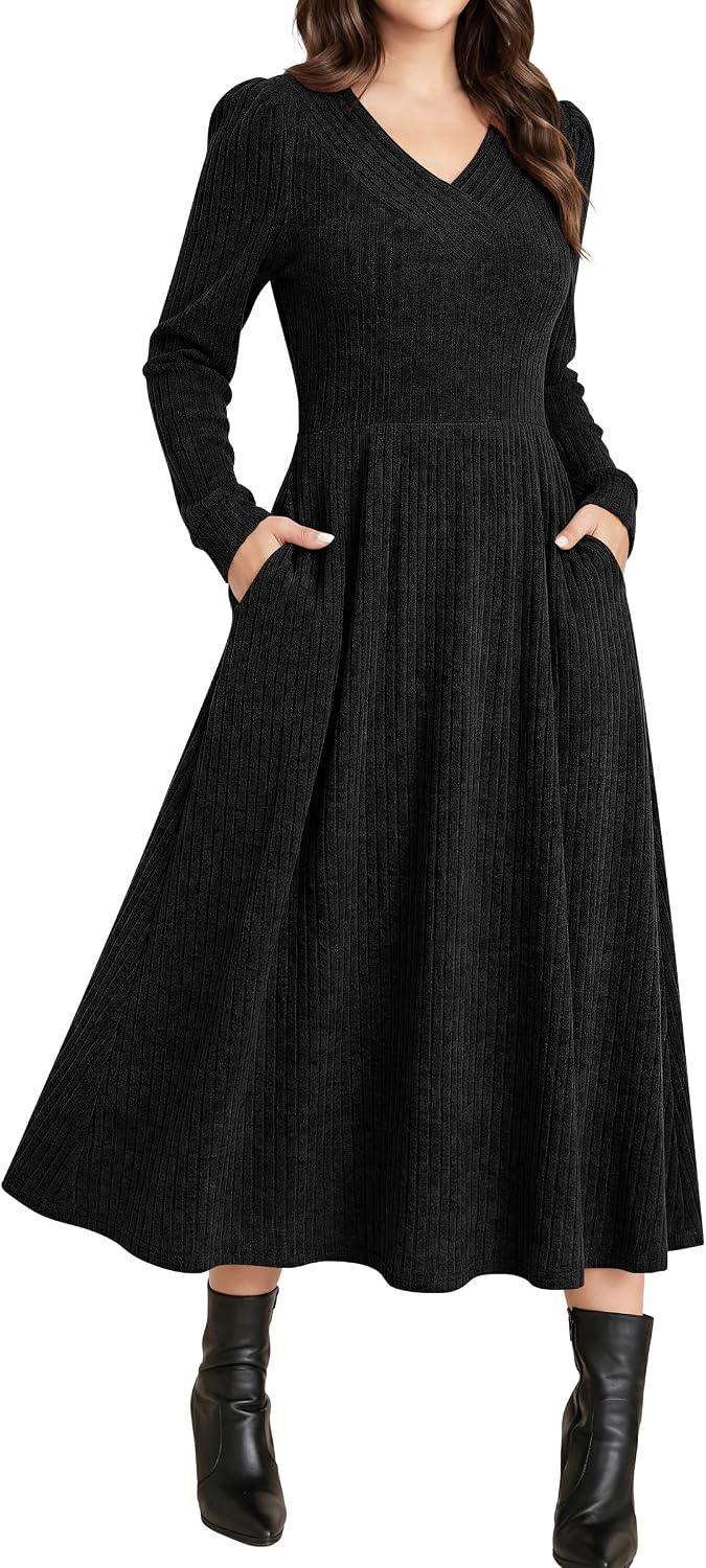 ANRABESS Womens Long Sleeve V Neck A Line Fall Midi Dress | Ribbed Knit Empire Waist, with Pockets, Casual Swing Flowy Winter Dresses,Soft Stretchy, Office Work,Date Night Everyday Wear