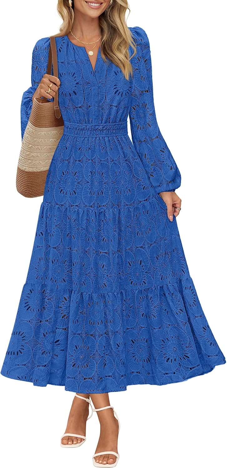 MEROKEETY Women's Fall Long Sleeve Eyelet Lace Floral Maxi Dress | Puff Sleeve, Notch V Neck, Hollow Out, Tiered Hem, Fall Wedding Guest Dress, A line, Pockets, Elastic Waist, Date Night Dress