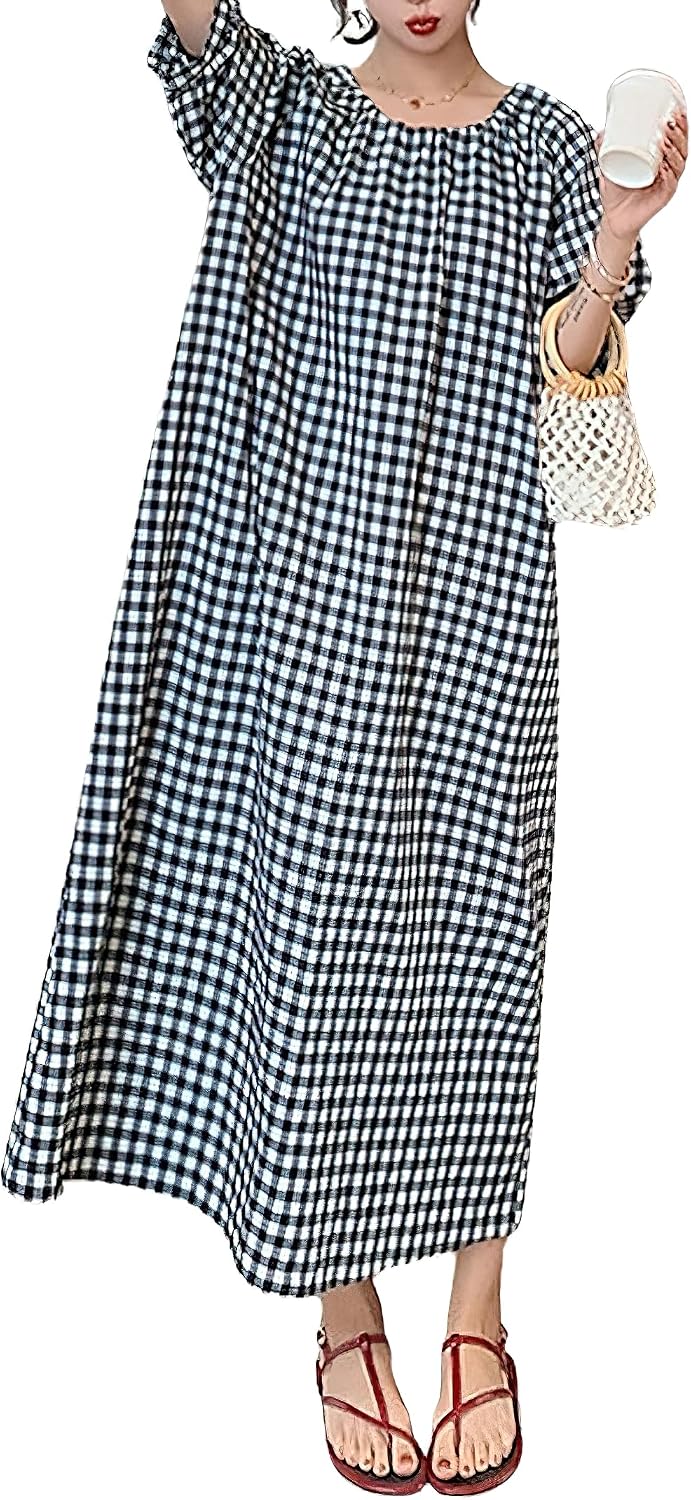 chouyatou Women's Casual Gingham Loose-Fit Swing Dress Cotton Lantern Puff Sleeve Plaid Midi Long Dress
