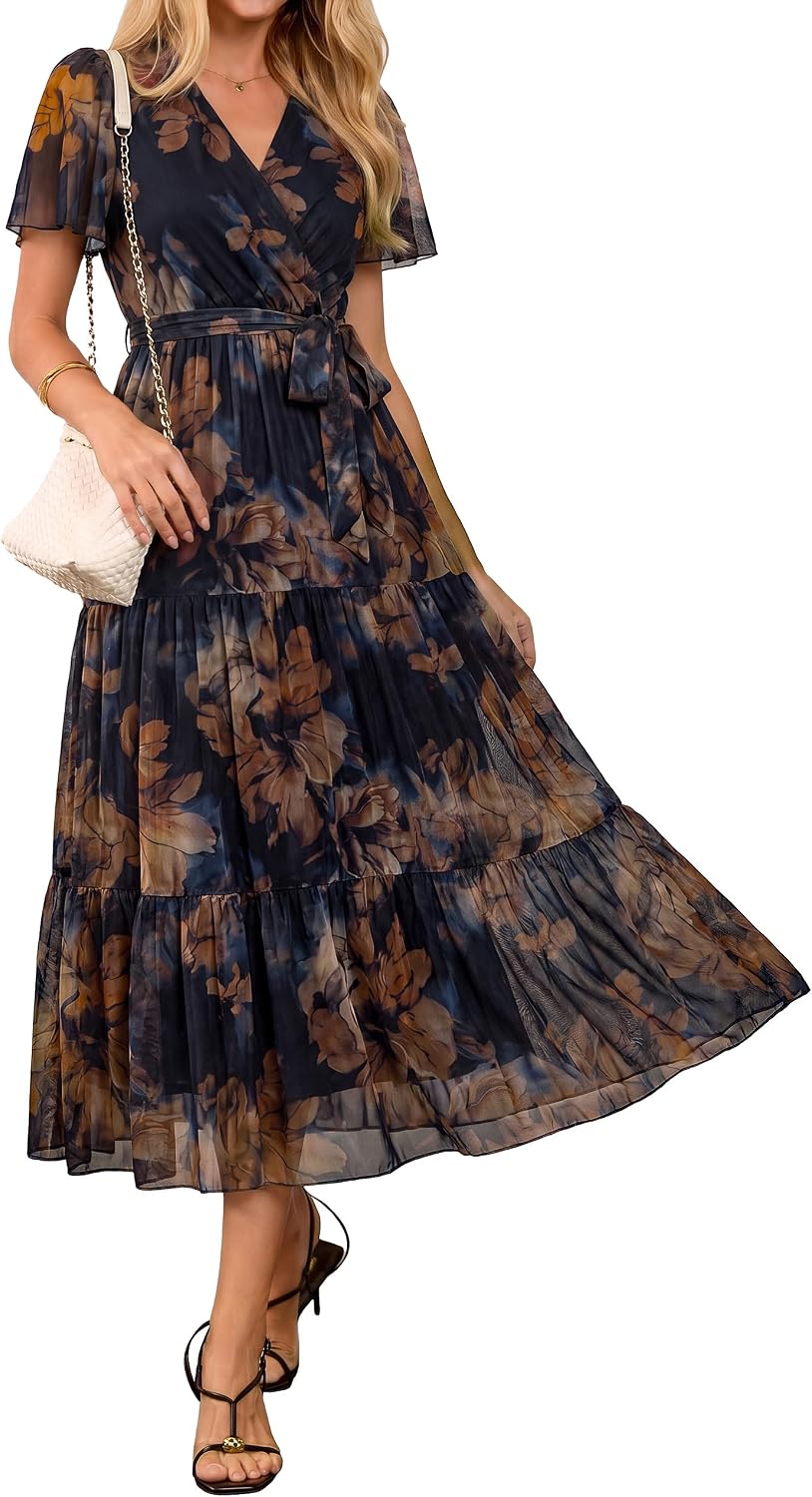 BerryGo Womens Summer Floral Maxi Dress Wedding Guest Casual Flowy Short Sleeve V Neck Boho Cocktail Dresses 2026
