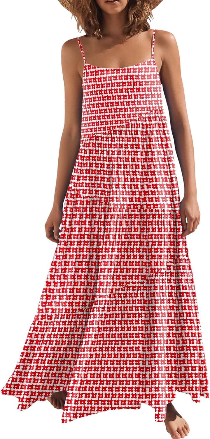 ANRABESS Women Summer Sleeveless Maxi Dress Flowy Boho Beach Sundress | Linen Like Fabric, Floral Casual Spaghetti Strap Long Dresses, A-Line Asymmetrical Tiered Loose Travel Vacation Outfits
