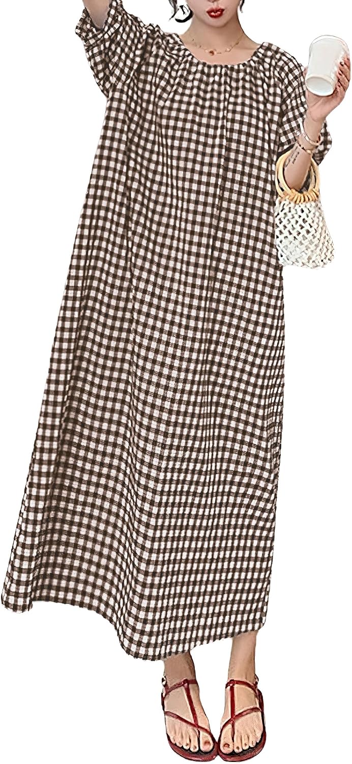 chouyatou Women's Casual Gingham Loose-Fit Swing Dress Cotton Lantern Puff Sleeve Plaid Midi Long Dress