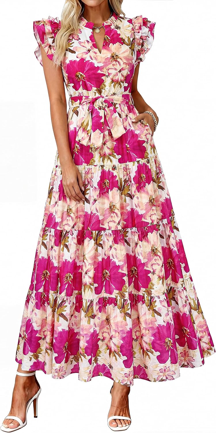 dowerme Women Summer Casual Ruffle Cap Sleeve Floral Belted Boho Maxi Dress | Fall Fashion A-line Flowy Tiered Long Dresses 2026,Cute V Neck Tie Waist Sundress with Pockets,Spring Beach Vacation Clothes