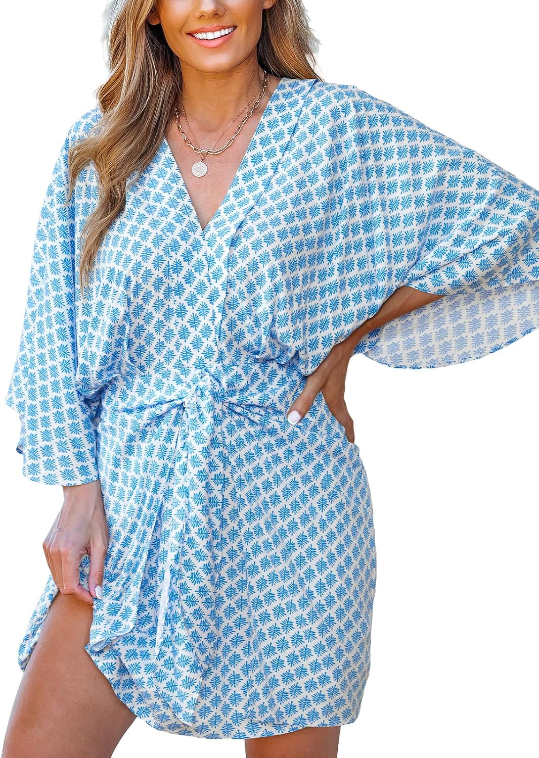 CUPSHE Women Summer Mini Dress V Neck Kimono Beachwear | Batwing Sleeve, Belted Flowy Loose Sundress, Vacation Resort Outfits, Casual Cover Up Dress, Holiday Trip, Fashion Clothes