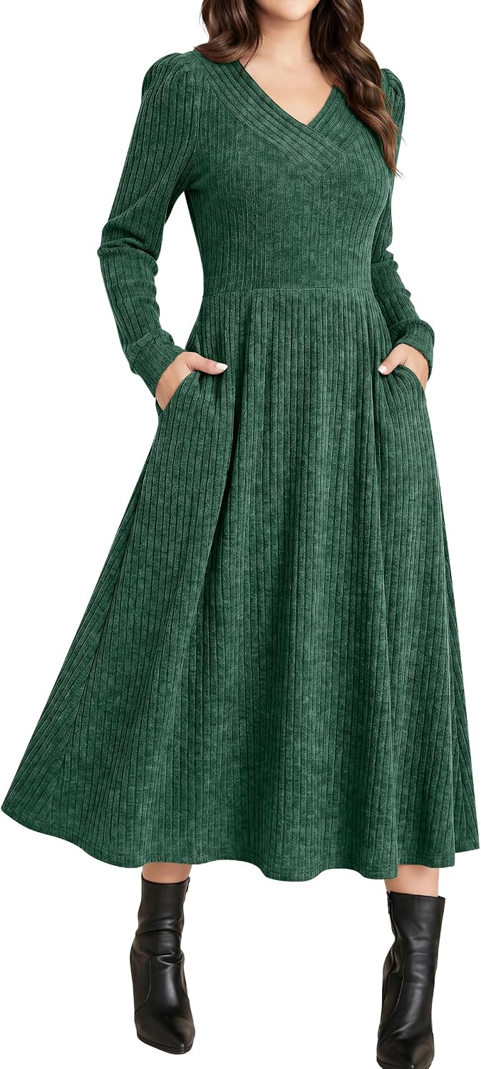 ANRABESS Womens Long Sleeve V Neck A Line Fall Midi Dress | Ribbed Knit Empire Waist, with Pockets, Casual Swing Flowy Winter Dresses,Soft Stretchy, Office Work,Date Night Everyday Wear