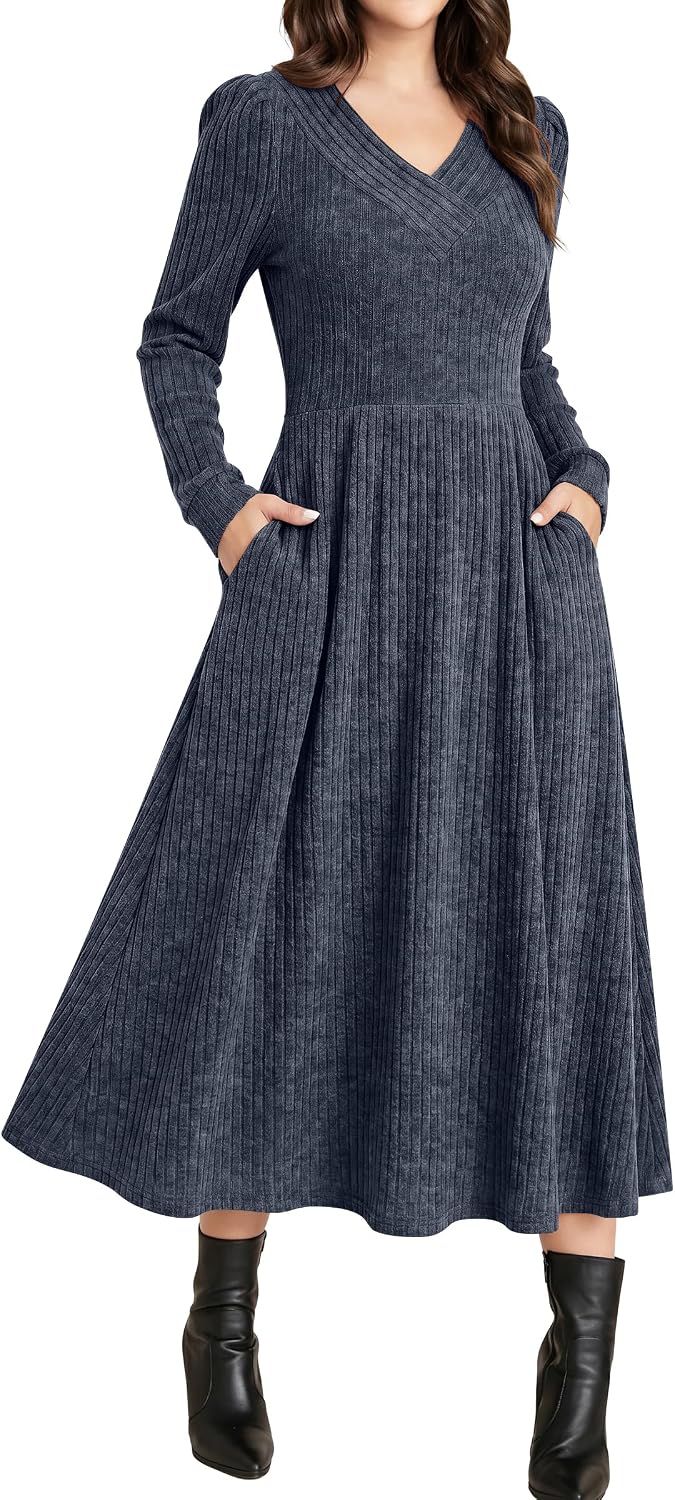 ANRABESS Womens Long Sleeve V Neck A Line Fall Midi Dress | Ribbed Knit Empire Waist, with Pockets, Casual Swing Flowy Winter Dresses,Soft Stretchy, Office Work,Date Night Everyday Wear