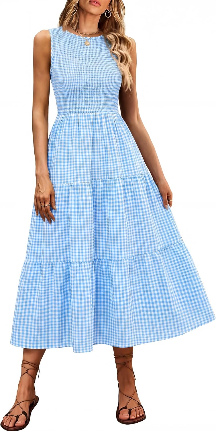 ANRABESS Womens Casual Summer Dress Gingham Smocked Midi Teacher Sundress | Plaid Sleeveless Crewneck Maxi Dresses with Pockets, Tiered Flowy A Line, Modest Checkered, Beach Vacation Outfits