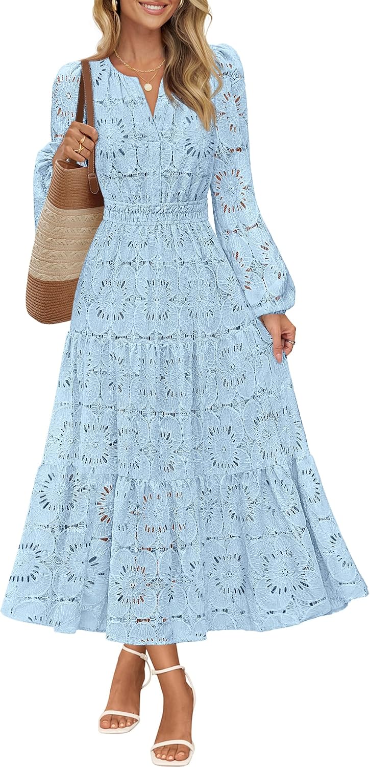 MEROKEETY Women's Fall Long Sleeve Eyelet Lace Floral Maxi Dress | Puff Sleeve, Notch V Neck, Hollow Out, Tiered Hem, Fall Wedding Guest Dress, A line, Pockets, Elastic Waist, Date Night Dress