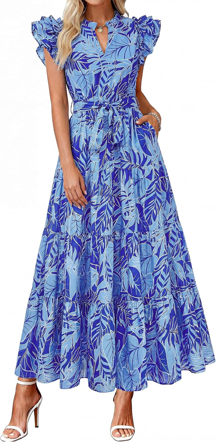 dowerme Women Summer Casual Ruffle Cap Sleeve Floral Belted Boho Maxi Dress | Fall Fashion A-line Flowy Tiered Long Dresses 2026,Cute V Neck Tie Waist Sundress with Pockets,Spring Beach Vacation Clothes