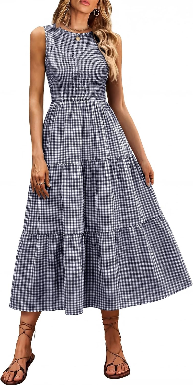 ANRABESS Womens Casual Summer Dress Gingham Smocked Midi Teacher Sundress | Plaid Sleeveless Crewneck Maxi Dresses with Pockets, Tiered Flowy A Line, Modest Checkered, Beach Vacation Outfits