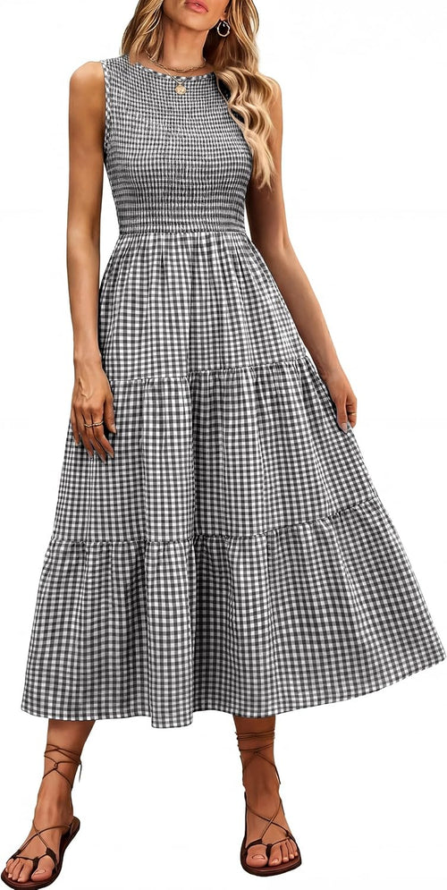 ANRABESS Womens Casual Summer Dress Gingham Smocked Midi Teacher Sundress | Plaid Sleeveless Crewneck Maxi Dresses with Pockets, Tiered Flowy A Line, Modest Checkered, Beach Vacation Outfits