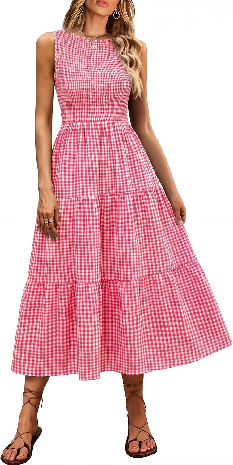 ANRABESS Womens Casual Summer Dress Gingham Smocked Midi Teacher Sundress | Plaid Sleeveless Crewneck Maxi Dresses with Pockets, Tiered Flowy A Line, Modest Checkered, Beach Vacation Outfits