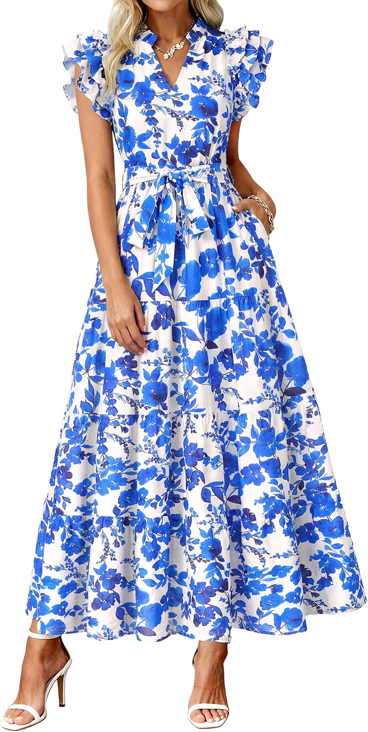 dowerme Women Summer Casual Ruffle Cap Sleeve Floral Belted Boho Maxi Dress | Fall Fashion A-line Flowy Tiered Long Dresses 2026,Cute V Neck Tie Waist Sundress with Pockets,Spring Beach Vacation Clothes