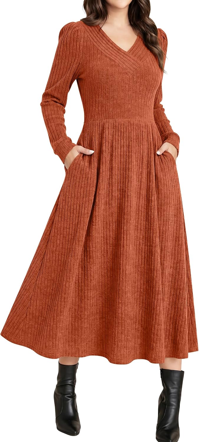 ANRABESS Womens Long Sleeve V Neck A Line Fall Midi Dress | Ribbed Knit Empire Waist, with Pockets, Casual Swing Flowy Winter Dresses,Soft Stretchy, Office Work,Date Night Everyday Wear