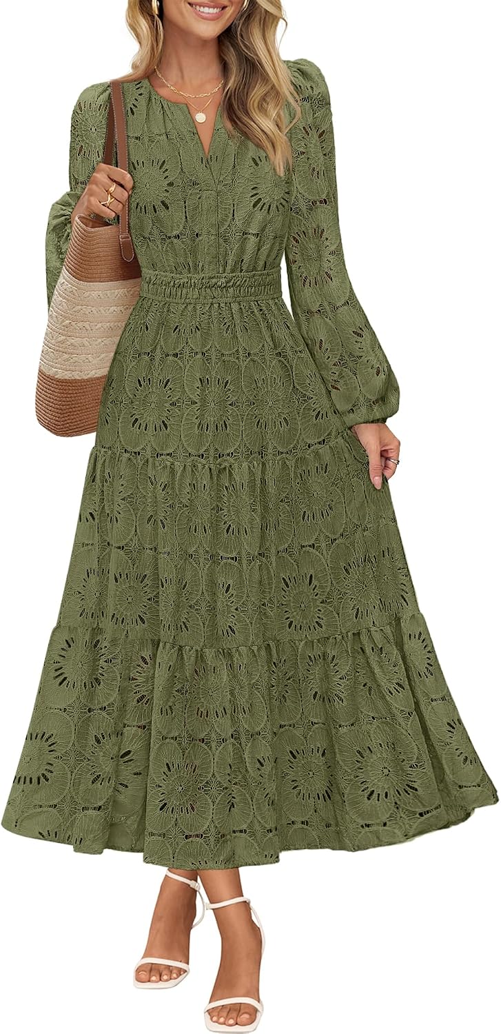 MEROKEETY Women's Fall Long Sleeve Eyelet Lace Floral Maxi Dress | Puff Sleeve, Notch V Neck, Hollow Out, Tiered Hem, Fall Wedding Guest Dress, A line, Pockets, Elastic Waist, Date Night Dress