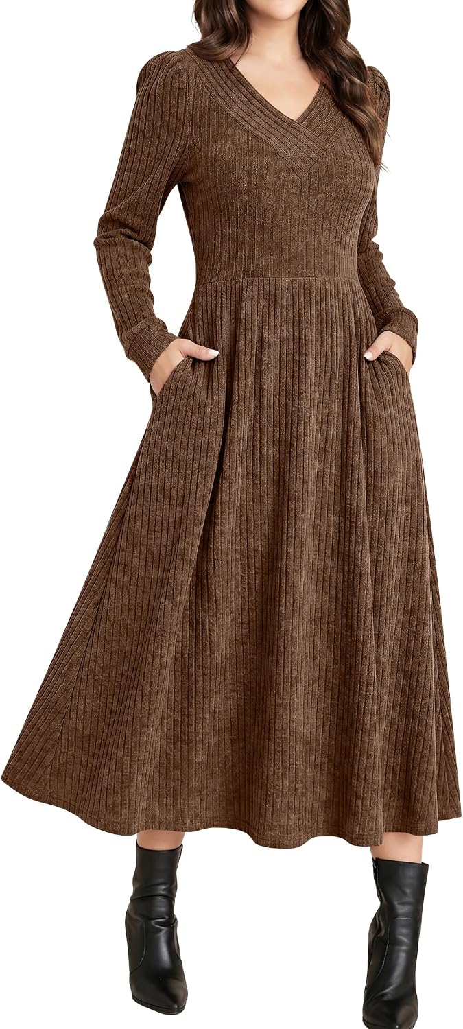 ANRABESS Womens Long Sleeve V Neck A Line Fall Midi Dress | Ribbed Knit Empire Waist, with Pockets, Casual Swing Flowy Winter Dresses,Soft Stretchy, Office Work,Date Night Everyday Wear