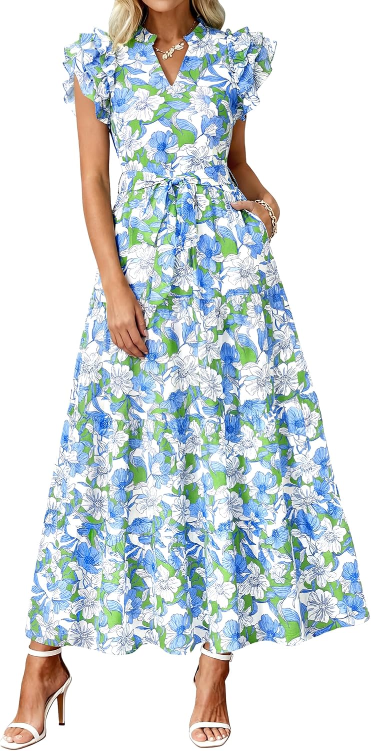 dowerme Women Summer Casual Ruffle Cap Sleeve Floral Belted Boho Maxi Dress | Fall Fashion A-line Flowy Tiered Long Dresses 2026,Cute V Neck Tie Waist Sundress with Pockets,Spring Beach Vacation Clothes