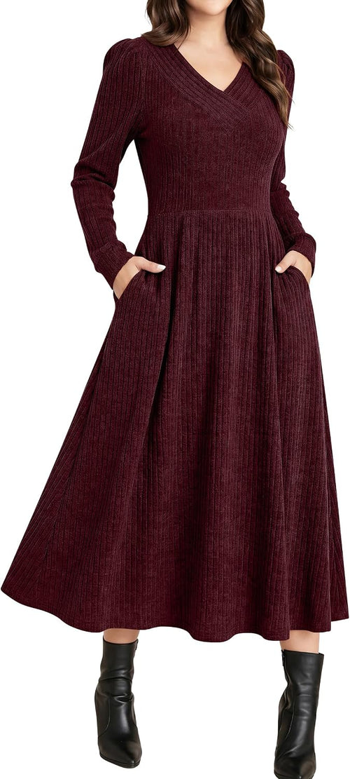 ANRABESS Womens Long Sleeve V Neck A Line Fall Midi Dress | Ribbed Knit Empire Waist, with Pockets, Casual Swing Flowy Winter Dresses,Soft Stretchy, Office Work,Date Night Everyday Wear