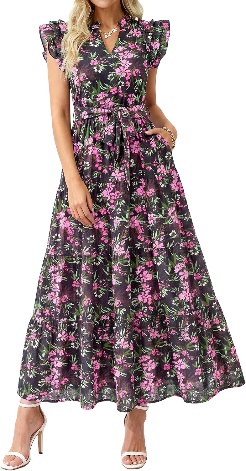 dowerme Women Summer Casual Ruffle Cap Sleeve Floral Belted Boho Maxi Dress | Fall Fashion A-line Flowy Tiered Long Dresses 2026,Cute V Neck Tie Waist Sundress with Pockets,Spring Beach Vacation Clothes