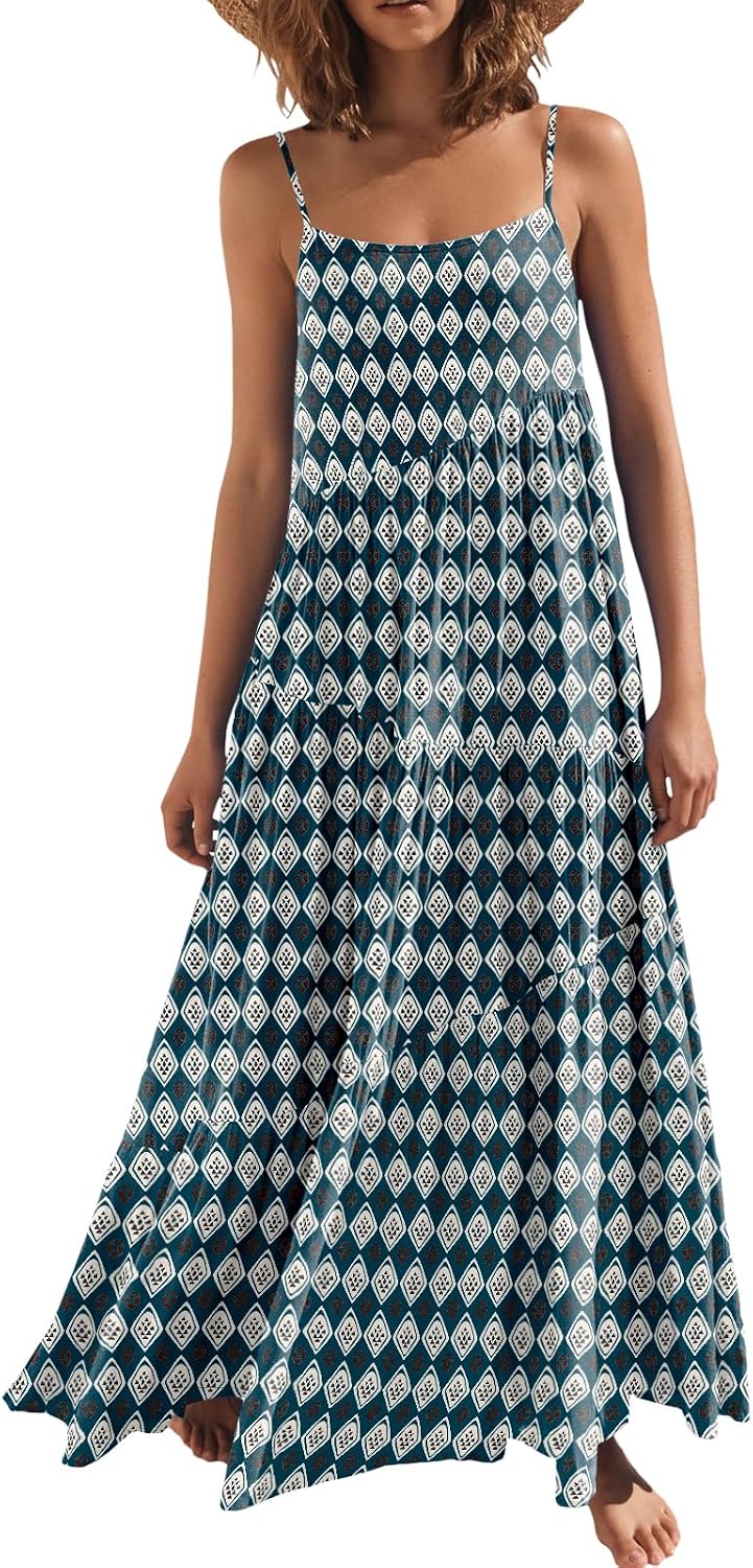 ANRABESS Women Summer Sleeveless Maxi Dress Flowy Boho Beach Sundress | Linen Like Fabric, Floral Casual Spaghetti Strap Long Dresses, A-Line Asymmetrical Tiered Loose Travel Vacation Outfits