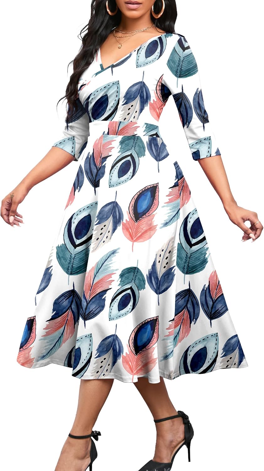 Nmoder Womens Midi Dress 3\/4 Sleeve V Neck Cocktail Dress with Pockets | Empire waist fit and flare wedding guest tea party church dress\/ a line semi formal elegant wrap dress for business work