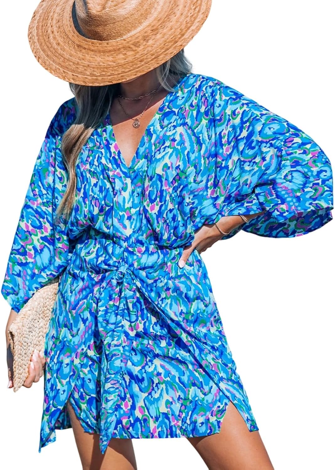 CUPSHE Women Summer Mini Dress V Neck Kimono Beachwear | Batwing Sleeve, Belted Flowy Loose Sundress, Vacation Resort Outfits, Casual Cover Up Dress, Holiday Trip, Fashion Clothes