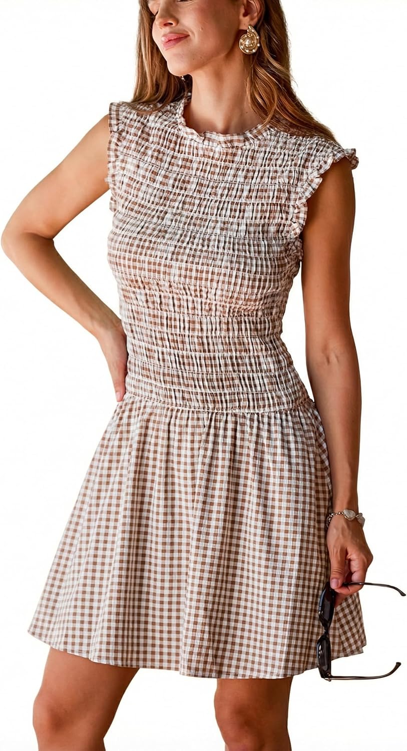 CUPSHE Women's Gingham Mock Neck Fully Smocked Ruffle Trim Mini Dress | Sleeveless, Boho Plaid, Keyhole Back, Flowy A Line Short Sundress, for Summer Casual Daily Wear, Weekend, Picnic, School