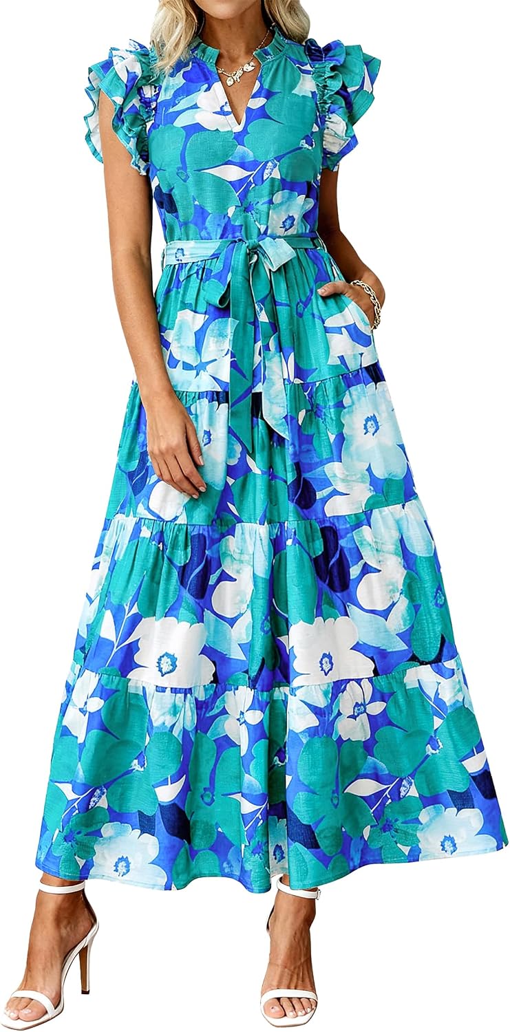 dowerme Women Summer Casual Ruffle Cap Sleeve Floral Belted Boho Maxi Dress | Fall Fashion A-line Flowy Tiered Long Dresses 2026,Cute V Neck Tie Waist Sundress with Pockets,Spring Beach Vacation Clothes