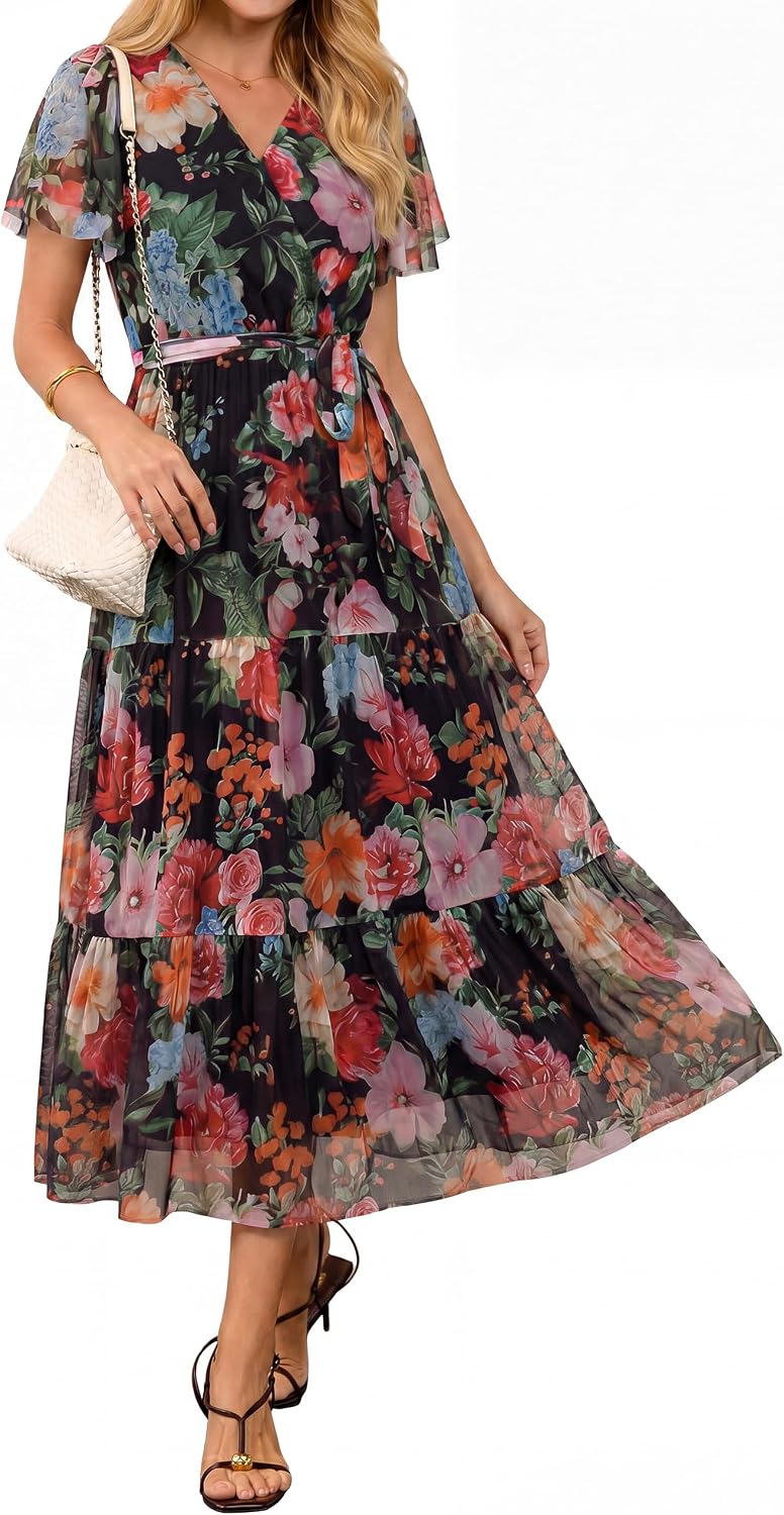 BerryGo Womens Summer Floral Maxi Dress Wedding Guest Casual Flowy Short Sleeve V Neck Boho Cocktail Dresses 2026