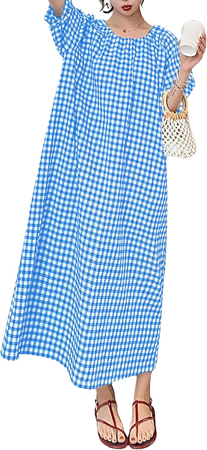 chouyatou Women's Casual Gingham Loose-Fit Swing Dress Cotton Lantern Puff Sleeve Plaid Midi Long Dress