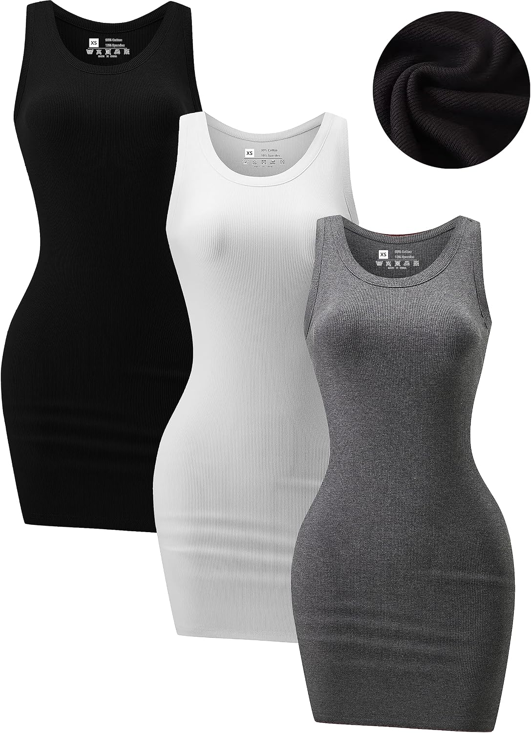Chongbaijia 3 Pack Summer Dresses for Women Bodycon Sleeveless Sundress | Crewneck, Ribbed Slim Fit, Mini Dress, Comfy Stretchy, Fashion Clothes, Basic Casual, Cocktail Club Party Outfits